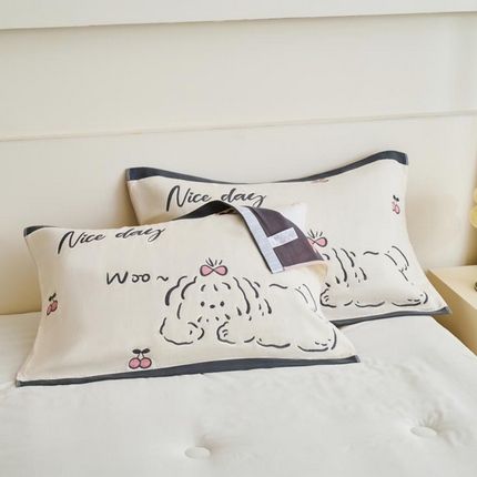  2025新款全棉多层细沙提花枕巾 樱桃小狗-浅米