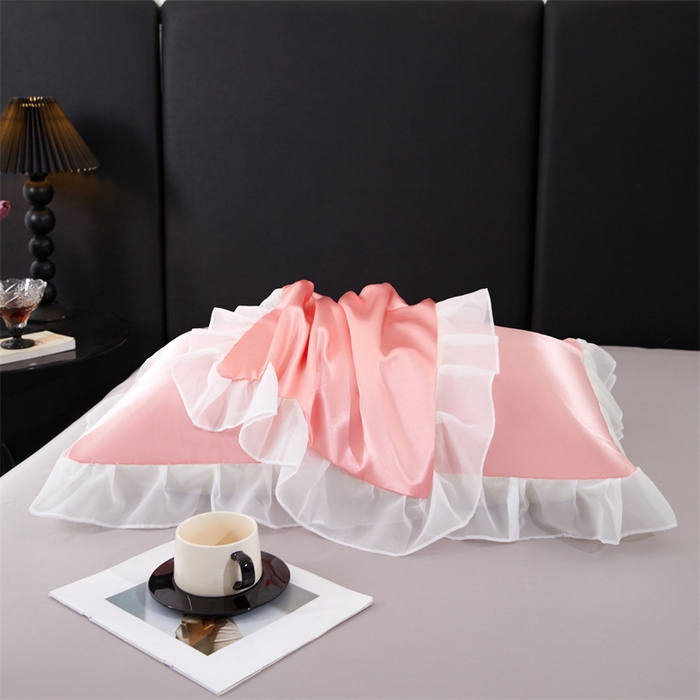 91家纺网 家纺一手货源 找家纺 梦舒羽 2025新款公主风夏季冰丝枕套单人一对装可水洗花边枕头套宿舍48x74cm枕芯套枕头套 花边款-玉色