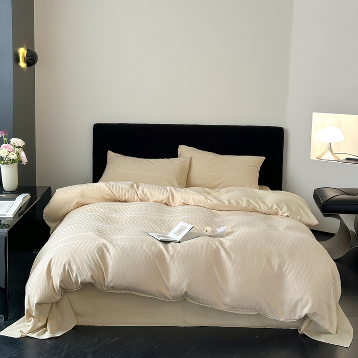 91家纺网 家纺一手货源 找家纺 例外Home 2025新款全棉提花四件套-鱼骨纹 鱼骨纹-杏仁黄