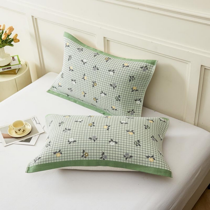 91家纺网 家纺一手货源 找家纺 2025新款纯棉加厚精梳棉纱布枕巾 花韵-浅绿 52*78cm/对