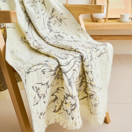 91家纺网 家纺一手货源 找家纺   2025新款A类全棉提纱多层纱布流苏浴巾 北欧花季