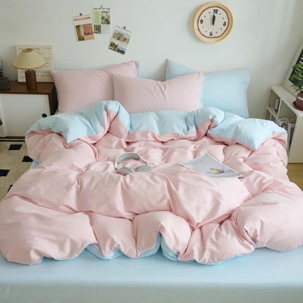 鑫琪莱家纺 2025双拼色水洗棉四件套桃粉浅蓝