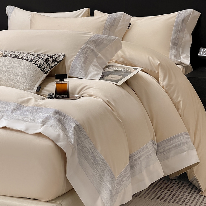 91家纺网 家纺一手货源 找家纺 春夏A类长绒棉夹棉床盖床笠四件套全棉纯棉纯色绗绣四季款保护罩高级感床上用品 瑾雅-束缦杏