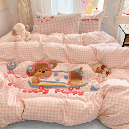  2025新款水洗棉猫咪毛巾绣四件套 音乐腊肠狗