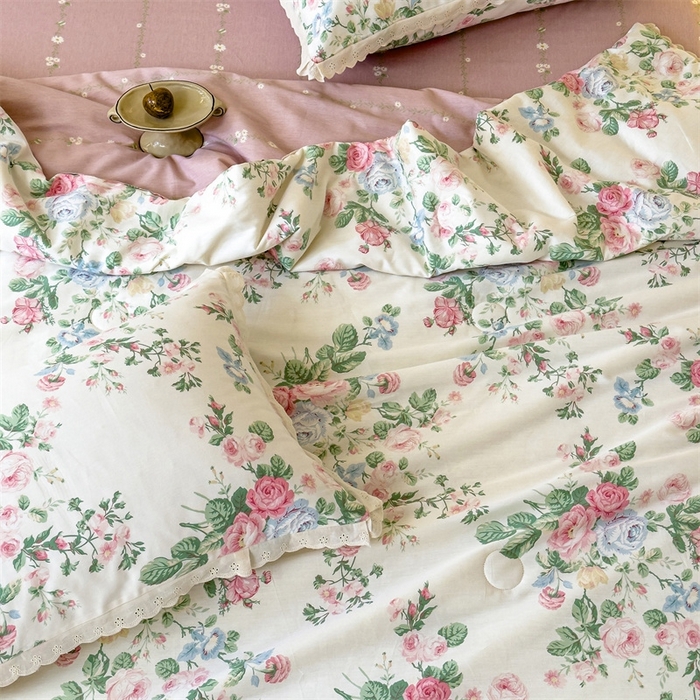 91家纺网 家纺一手货源 找家纺 2025新款全棉花边大豆夏被四件套 可妮露