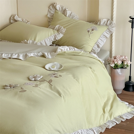 名品优仓 2025新款纯棉水洗棉双层纱提花手工花韩版花边四件套 微光花影一夜绿