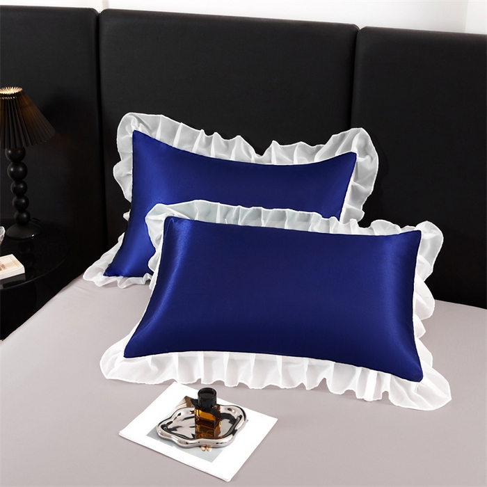 91家纺网 家纺一手货源 找家纺 梦舒羽 2025新款公主风夏季冰丝枕套单人一对装可水洗花边枕头套宿舍48x74cm枕芯套枕头套 花边款-深海蓝