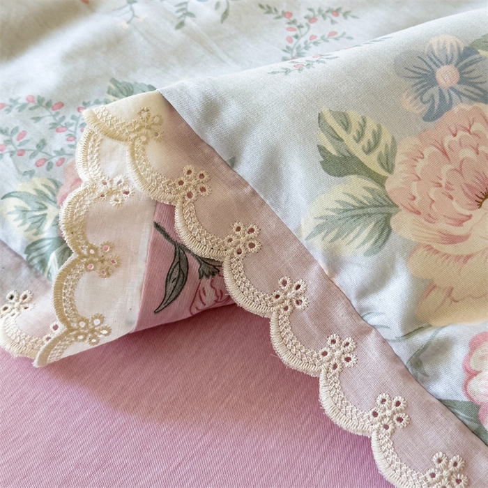 91家纺网 家纺一手货源 找家纺 2025新款全棉花边大豆夏被四件套 华庭庄园-蓝