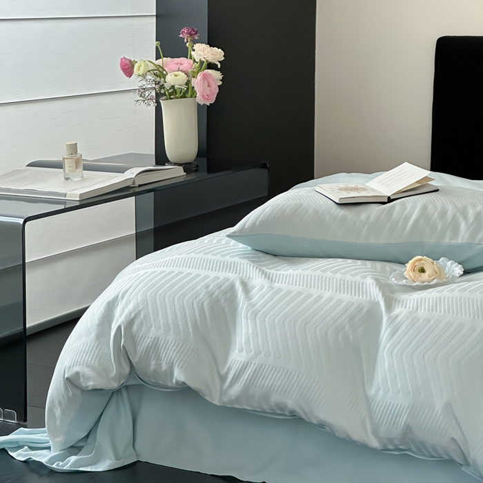 91家纺网 家纺一手货源 找家纺 例外Home 2025新款全棉提花四件套-鱼骨纹 鱼骨纹-水森林