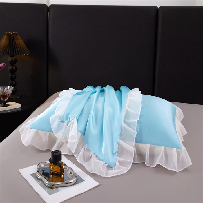 91家纺网 家纺一手货源 找家纺 梦舒羽 2025新款公主风夏季冰丝枕套单人一对装可水洗花边枕头套宿舍48x74cm枕芯套枕头套 花边款-天空蓝