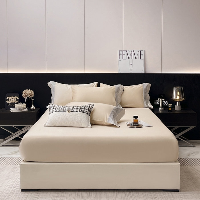 91家纺网 家纺一手货源 找家纺 春夏A类长绒棉夹棉床盖床笠四件套全棉纯棉纯色绗绣四季款保护罩高级感床上用品 瑾雅-束缦杏