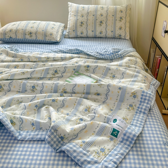 91家纺网 家纺一手货源 找家纺 曼之夏 2025新款全棉印花夏被四件套 蓝铃