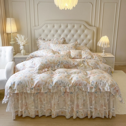 恋尚 2025新款全棉纯棉蕾丝印花床笠裙四件套 芙微