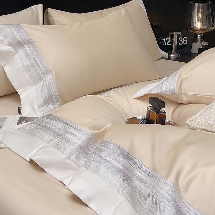 91家纺网 家纺一手货源 找家纺 高端轻奢A类母婴级长绒棉全工艺刺绣四件套纯棉全棉高端春夏季爆款床上用品   瑾雅-束缦杏