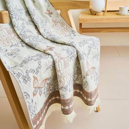 91家纺网 家纺一手货源 找家纺   2025新款A类全棉提纱多层纱布流苏浴巾 花梦伴歌-咖