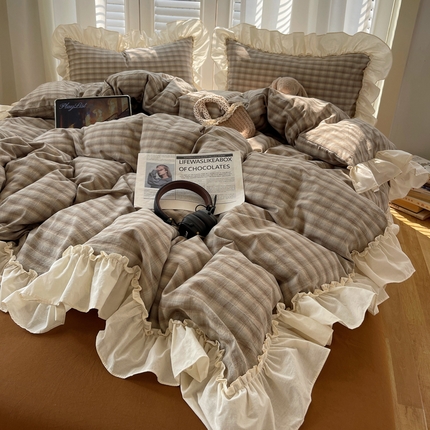 91家纺网 家纺一手货源 找家纺 （总）六巷胡同 2025新款韩式复古风水洗棉花边格子四件套