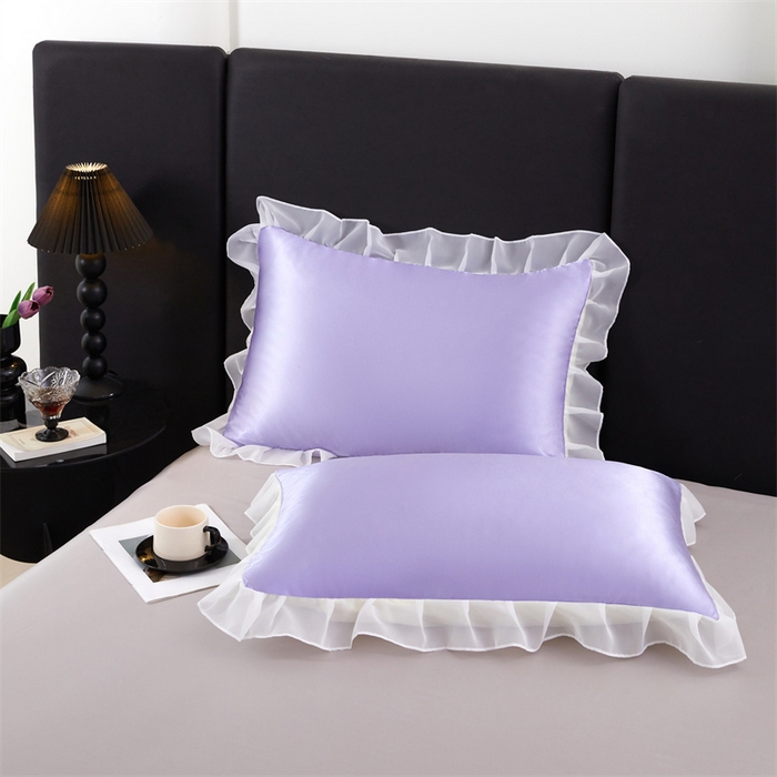 91家纺网 家纺一手货源 找家纺 梦舒羽 2025新款公主风夏季冰丝枕套单人一对装可水洗花边枕头套宿舍48x74cm枕芯套枕头套 花边款-雪青色