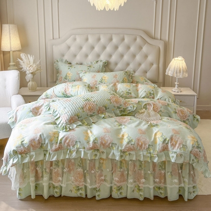 91家纺网 家纺一手货源 找家纺 （总）恋尚 2025新款全棉纯棉蕾丝印花床笠裙四件套