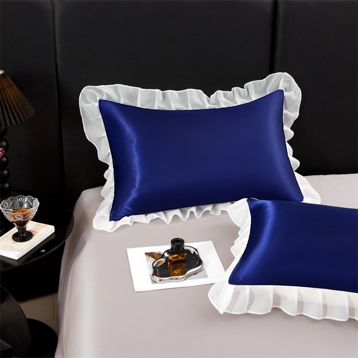 91家纺网 家纺一手货源 找家纺 梦舒羽 2025新款公主风夏季冰丝枕套单人一对装可水洗花边枕头套宿舍48x74cm枕芯套枕头套 花边款-深海蓝