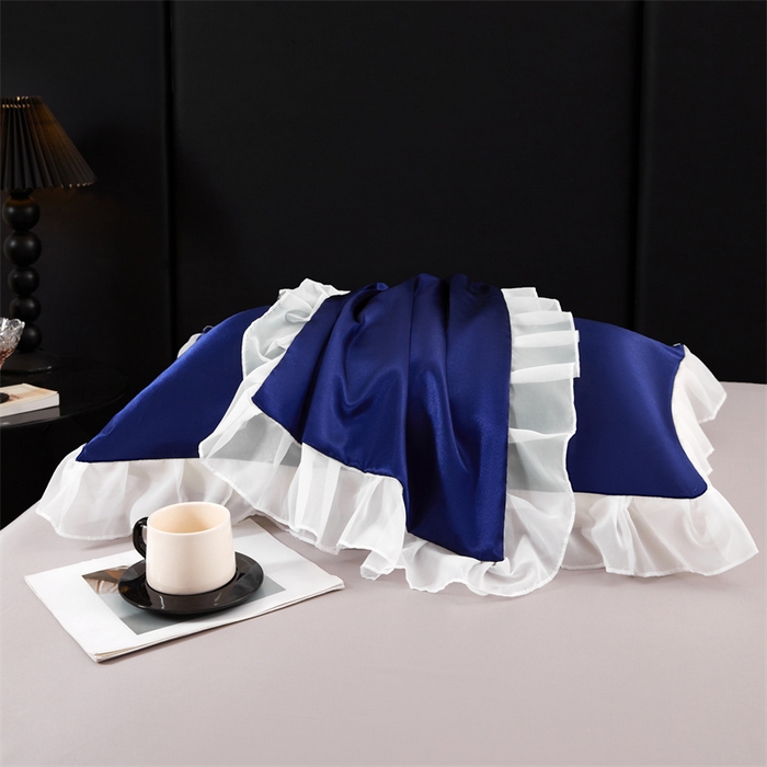 91家纺网 家纺一手货源 找家纺 梦舒羽 2025新款公主风夏季冰丝枕套单人一对装可水洗花边枕头套宿舍48x74cm枕芯套枕头套 花边款-深海蓝