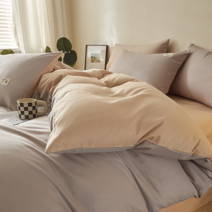 91家纺网 家纺一手货源 找家纺 莱通家纺 2025新款纯色双拼四件套 山灰+卡其