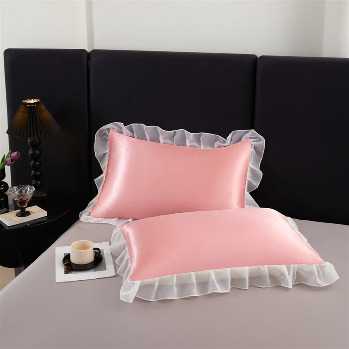 91家纺网 家纺一手货源 找家纺 梦舒羽 2025新款公主风夏季冰丝枕套单人一对装可水洗花边枕头套宿舍48x74cm枕芯套枕头套 花边款-玉色