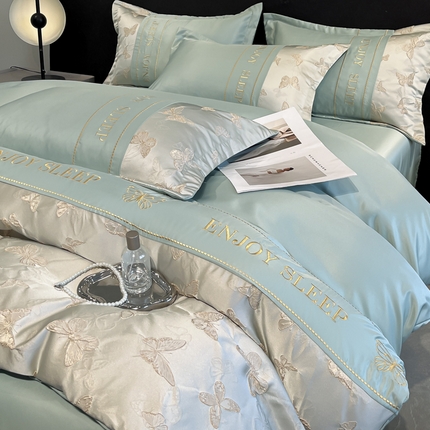 金阳光家纺 2025新款金丝提花浮雕水洗天丝四件套 福蝶-绿