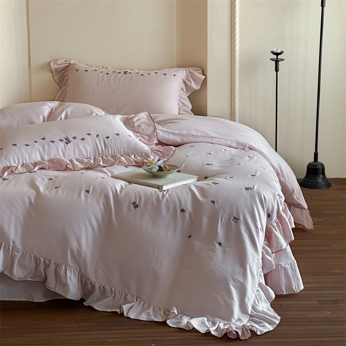 91家纺网 家纺一手货源 找家纺 （总）名品优仓 2025新款纯棉水洗棉双层纱提花韩版花边四件套 玫瑰故事