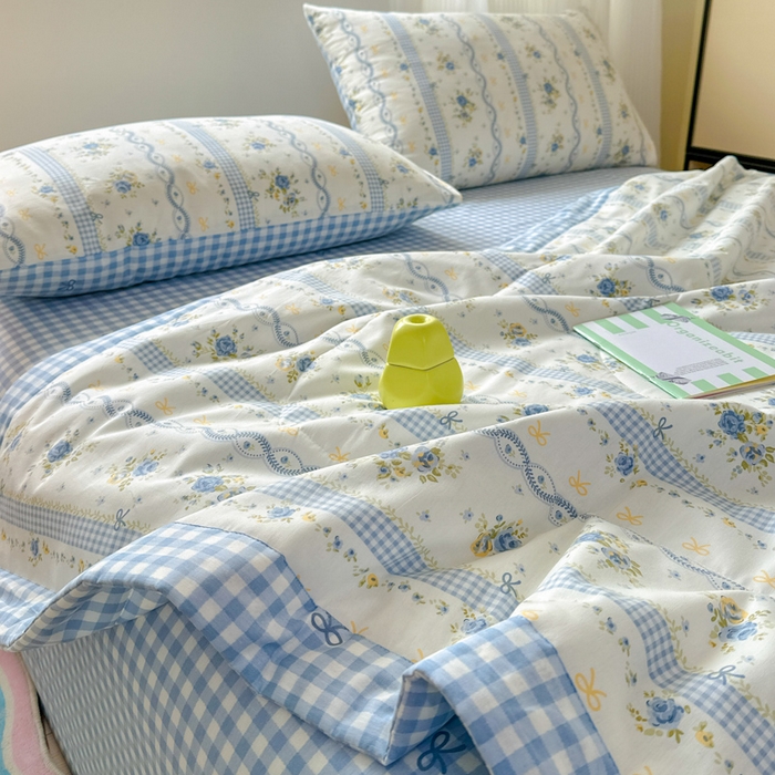 91家纺网 家纺一手货源 找家纺 曼之夏 2025新款全棉印花夏被四件套 蓝铃