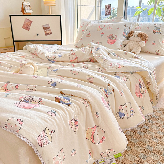 91家纺网 家纺一手货源 找家纺 创优  2025新款有氧双层纱小清新印花小花边夏被夏凉被可机洗空调被子被芯 奶猫