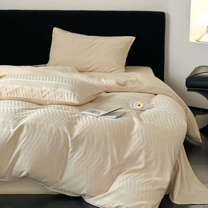 91家纺网 家纺一手货源 找家纺 例外Home 2025新款全棉提花四件套-鱼骨纹 鱼骨纹-杏仁黄