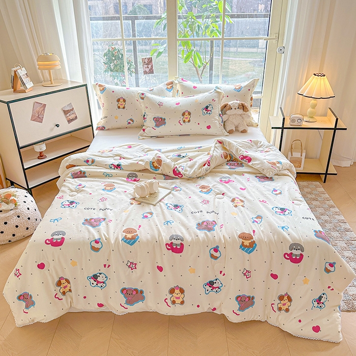 91家纺网 家纺一手货源 找家纺 创优  2025新款有氧双层纱小清新印花小花边夏被夏凉被可机洗空调被子被芯 多彩小汪