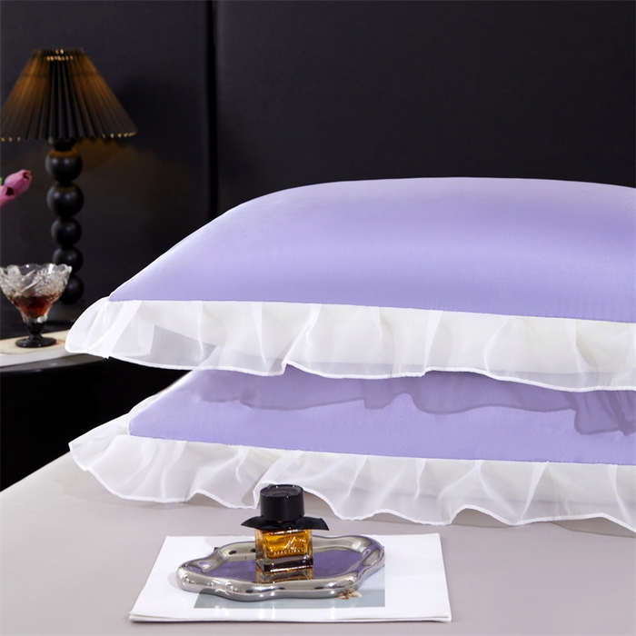 91家纺网 家纺一手货源 找家纺 梦舒羽 2025新款公主风夏季冰丝枕套单人一对装可水洗花边枕头套宿舍48x74cm枕芯套枕头套 花边款-雪青色