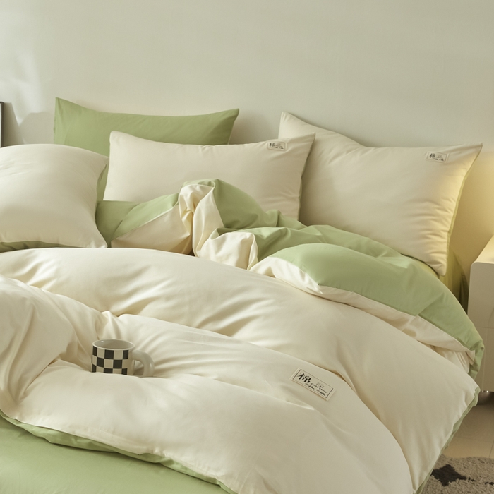 91家纺网 家纺一手货源 找家纺 莱通家纺 2025新款纯色双拼四件套 奶昔白+抹茶绿