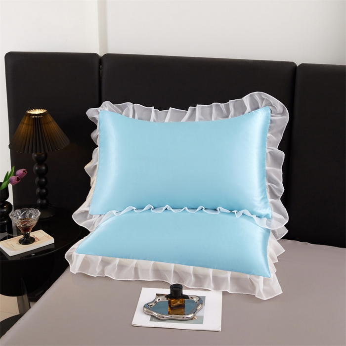 91家纺网 家纺一手货源 找家纺 梦舒羽 2025新款公主风夏季冰丝枕套单人一对装可水洗花边枕头套宿舍48x74cm枕芯套枕头套 花边款-天空蓝