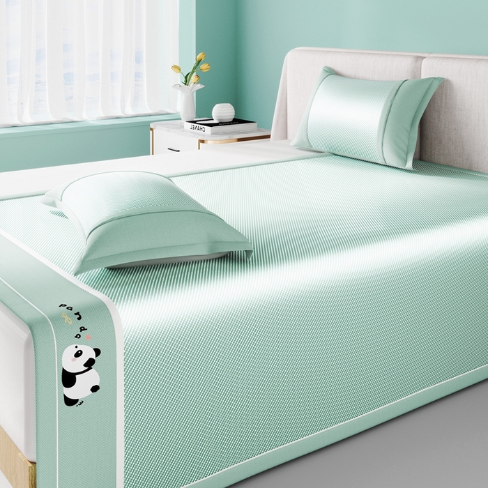 91家纺网 家纺一手货源 找家纺 川悦生活 2025新款纯色凉感冰丝席-大床 眠眠熊猫-青绿