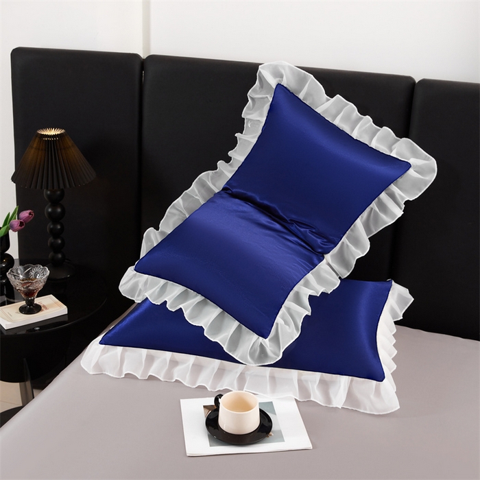 91家纺网 家纺一手货源 找家纺 梦舒羽 2025新款公主风夏季冰丝枕套单人一对装可水洗花边枕头套宿舍48x74cm枕芯套枕头套 花边款-深海蓝