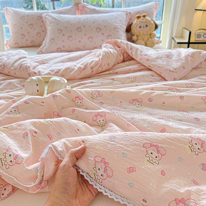 91家纺网 家纺一手货源 找家纺 创优  2025新款有氧双层纱小清新印花小花边夏被夏凉被可机洗空调被子被芯 小美冰激凌