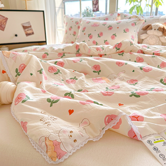 91家纺网 家纺一手货源 找家纺 创优  2025新款有氧双层纱小清新印花小花边夏被夏凉被可机洗空调被子被芯 曼塔玫瑰