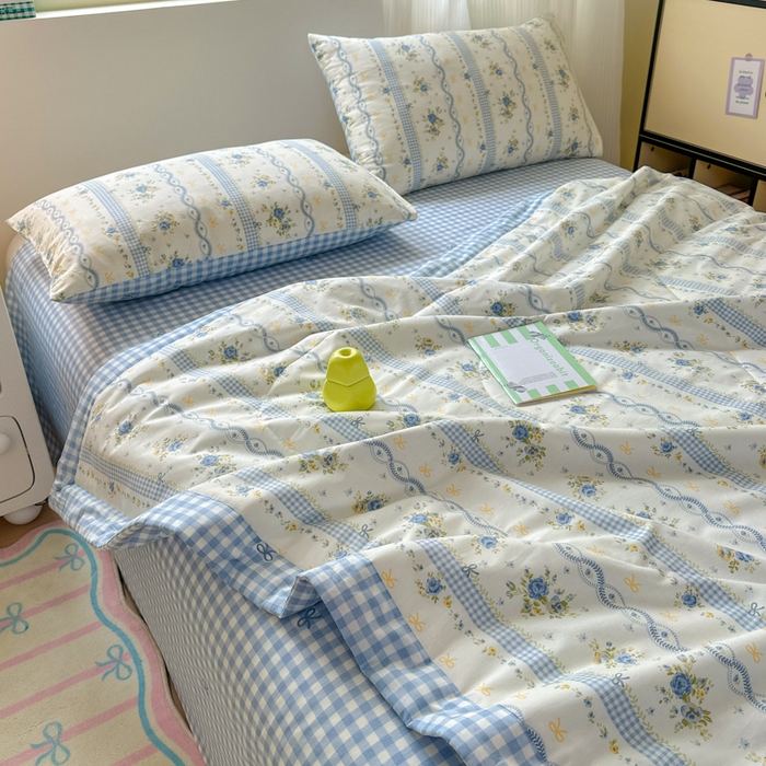 91家纺网 家纺一手货源 找家纺 曼之夏 2025新款全棉印花夏被四件套 蓝铃