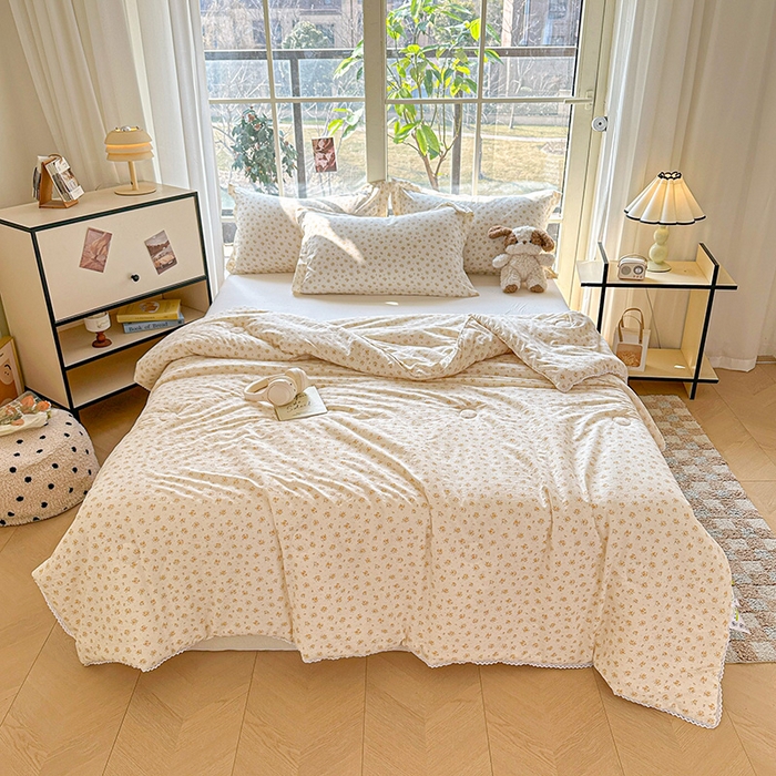 91家纺网 家纺一手货源 找家纺 创优  2025新款有氧双层纱小清新印花小花边夏被夏凉被可机洗空调被子被芯 橘子海