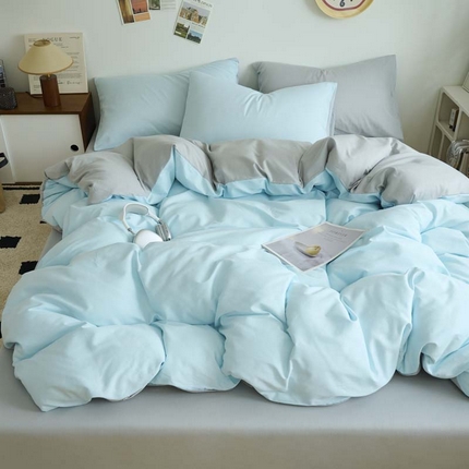 鑫琪莱家纺 2025双拼色水洗棉四件套浅蓝浅灰