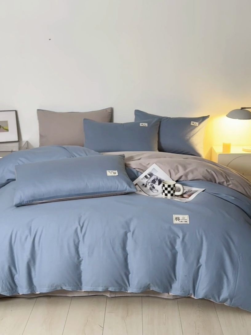 91家纺网 家纺一手货源 找家纺 莱通家纺 2025新款纯色双拼四件套 天空蓝+山灰