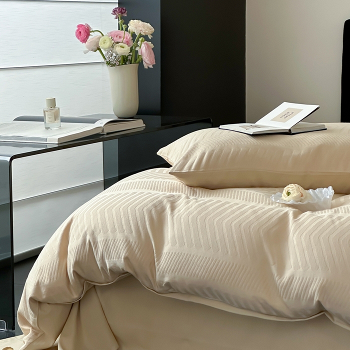 91家纺网 家纺一手货源 找家纺 例外Home 2025新款全棉提花四件套-鱼骨纹 鱼骨纹-杏仁黄