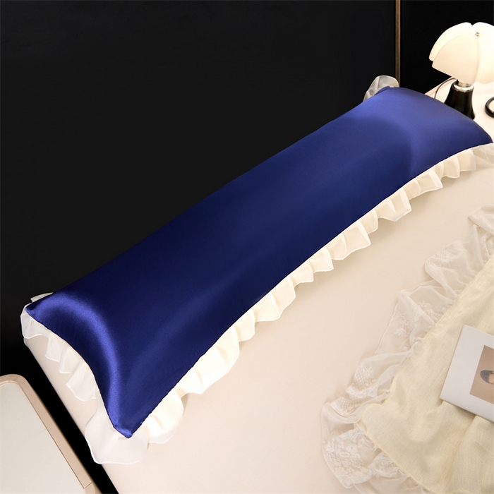 91家纺网 家纺一手货源 找家纺 梦舒羽 2025新款公主风夏季冰丝枕套双人情侣枕头套加长枕芯套1.5m内胆套 花边款-深海蓝