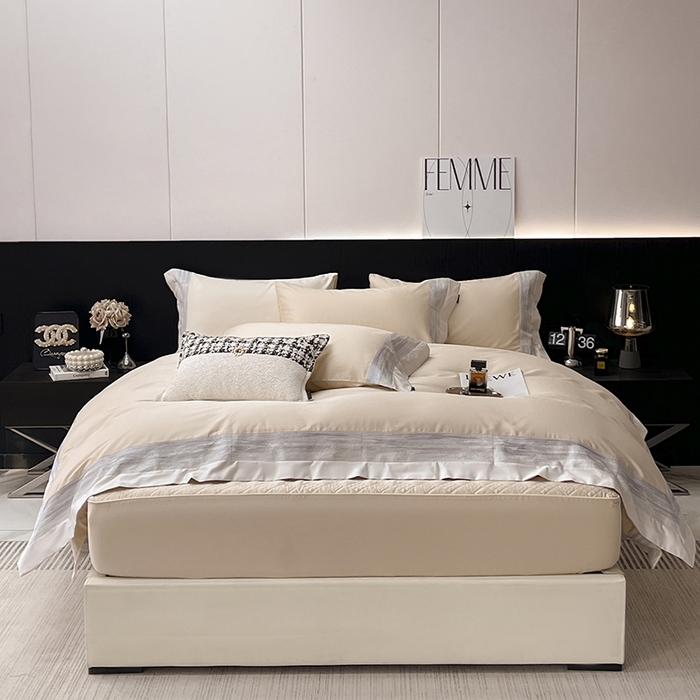 91家纺网 家纺一手货源 找家纺 春夏A类长绒棉夹棉床盖床笠四件套全棉纯棉纯色绗绣四季款保护罩高级感床上用品 瑾雅-束缦杏