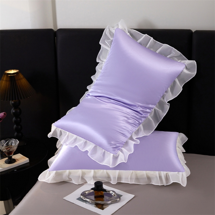 91家纺网 家纺一手货源 找家纺 梦舒羽 2025新款公主风夏季冰丝枕套单人一对装可水洗花边枕头套宿舍48x74cm枕芯套枕头套 花边款-雪青色