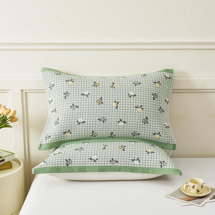 91家纺网 家纺一手货源 找家纺 2025新款纯棉加厚精梳棉纱布枕巾 花韵-浅绿 52*78cm/对