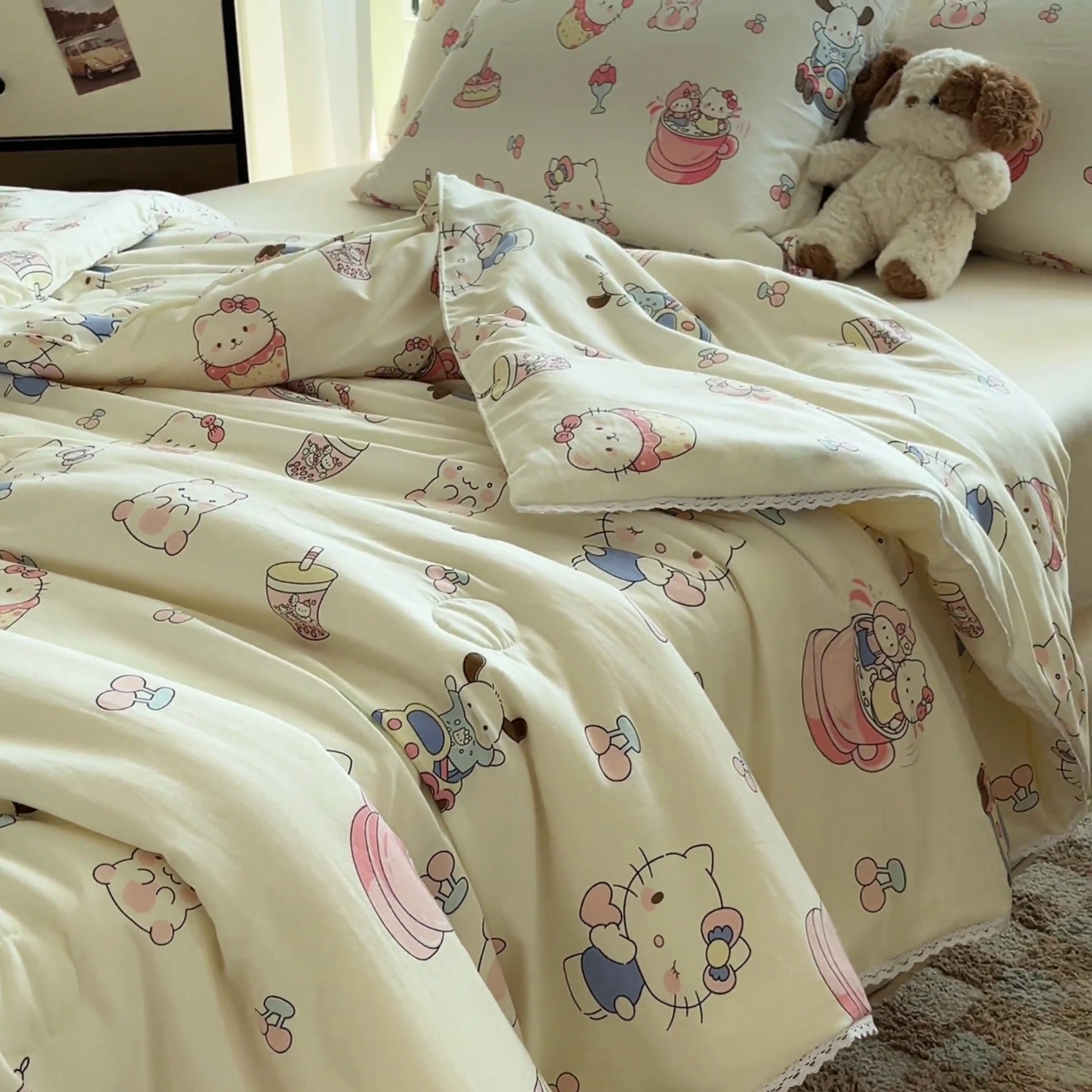 91家纺网 家纺一手货源 找家纺 创优  2025新款有氧双层纱小清新印花小花边夏被夏凉被可机洗空调被子被芯 奶猫