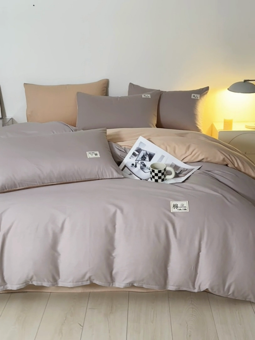 91家纺网 家纺一手货源 找家纺 莱通家纺 2025新款纯色双拼四件套 山灰+卡其